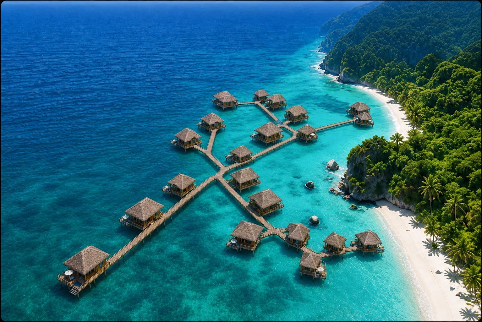 Aerial view of overwater bungalow resort on a tropical island with turquoise lagoon